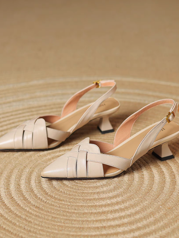 Calf leather interweaved calf leather sling back pointy low heels 10