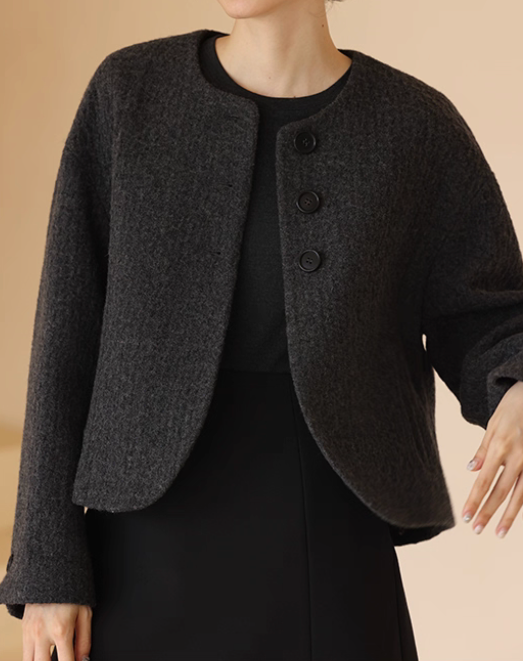 Charcoal wool rayon wavy trim buttoned crewneck jacket