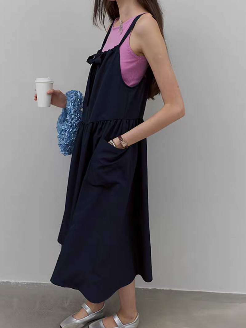 Navy cotton front knot adjustable maxi slipdress 4