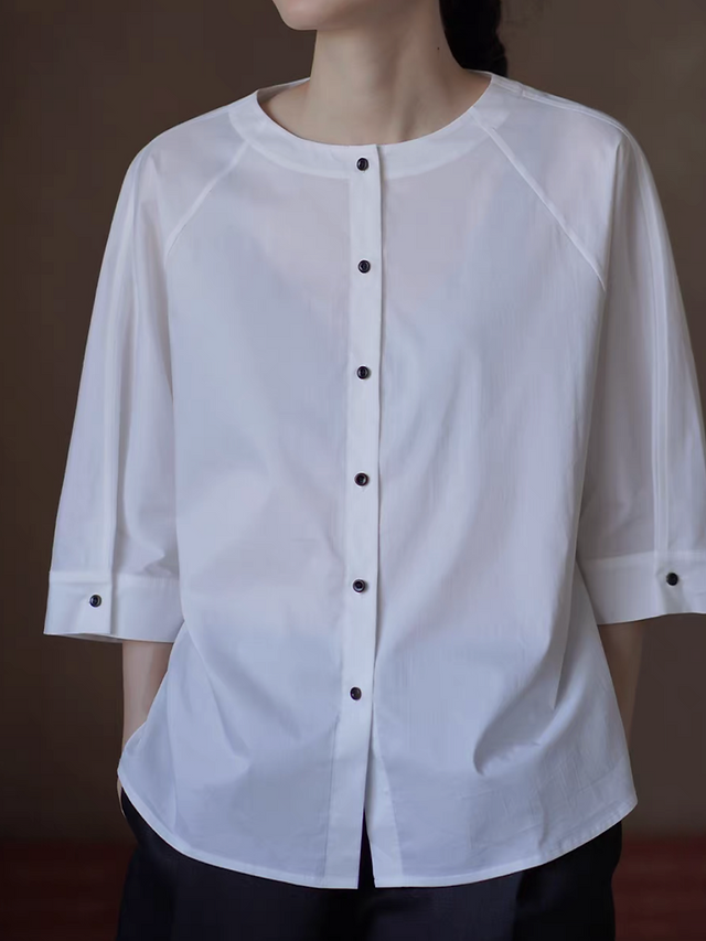 Mid sleeved crewneck cotton rayon white blouse 1