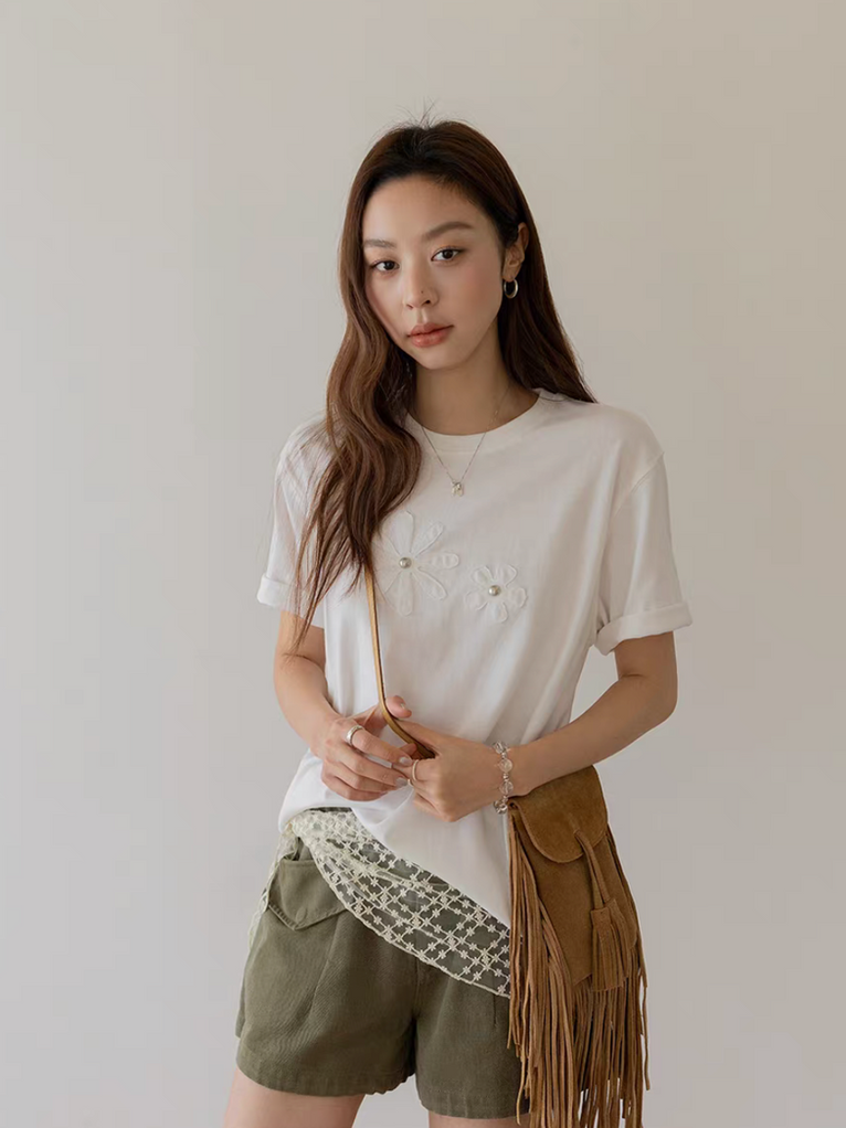 Embossed floral embellished floral cotton rayon crewneck tee 11