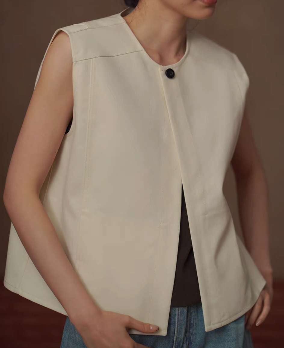 Thumbnail: Overlapping single buttoned contour cotton rayon side pockets vest