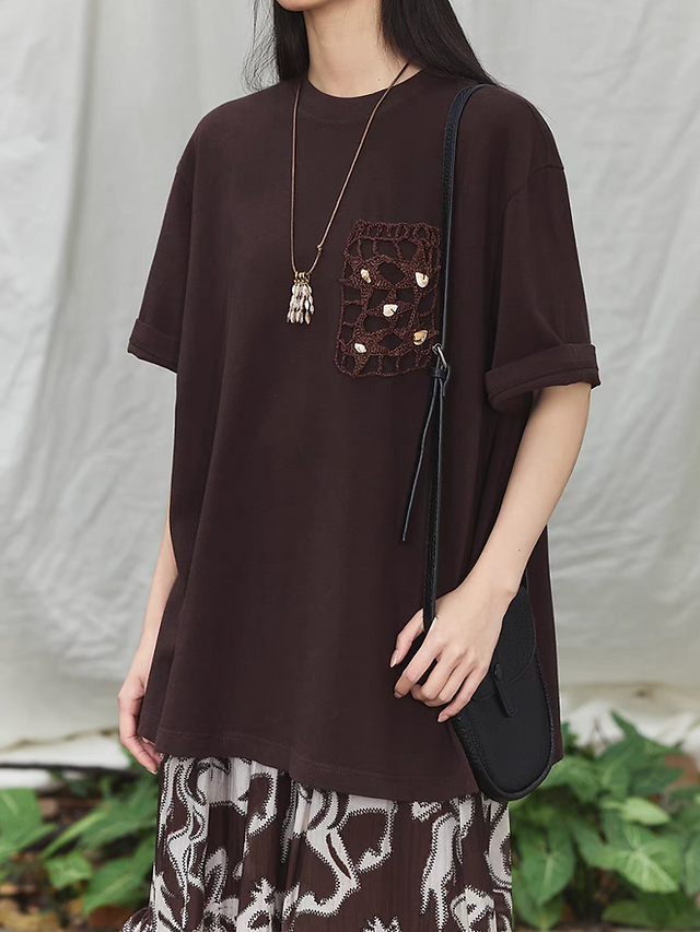 Mocha brown modal cotton crochet pocket crewneck tee 7