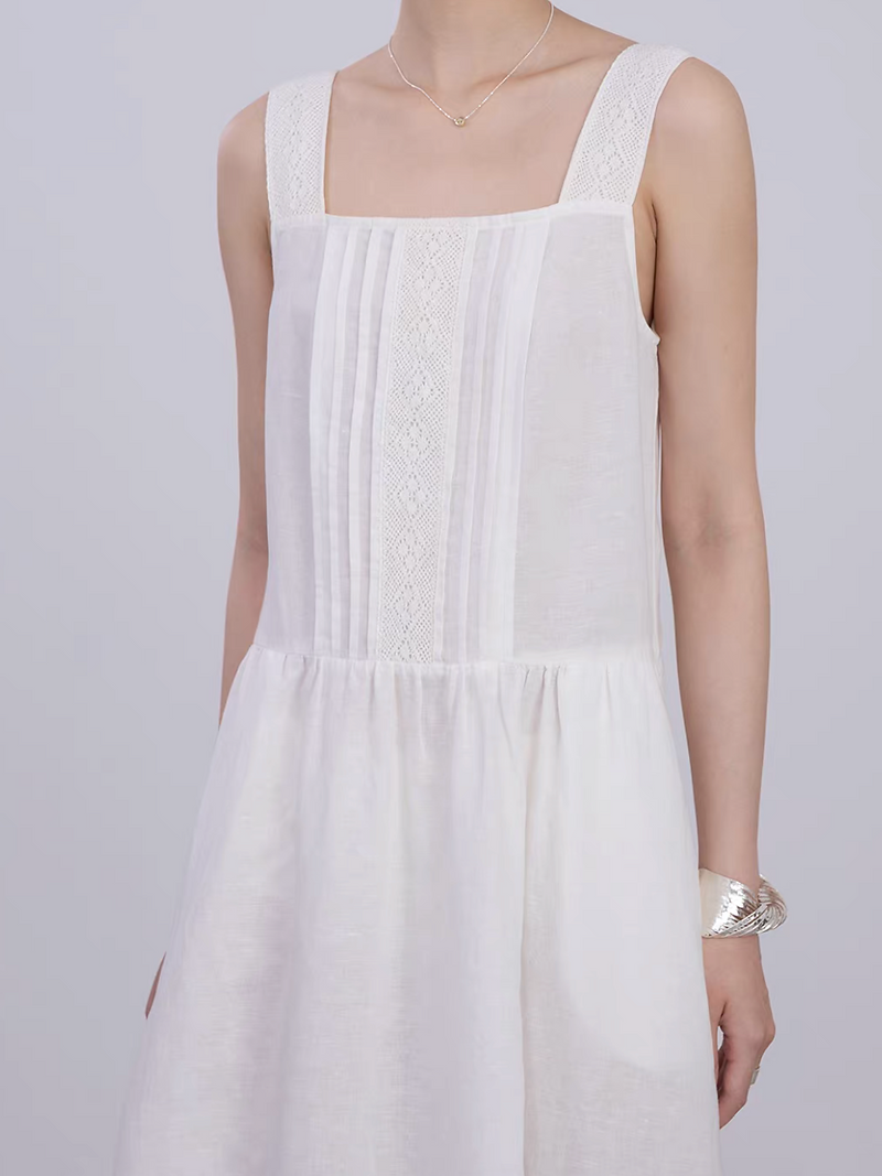 White pleated cotton lace embroidered sleeveless dress 8