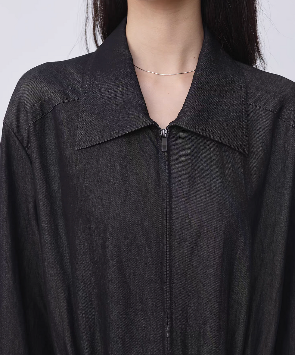 Thumbnail: Dark navy denim polo zipper drawstring overalls