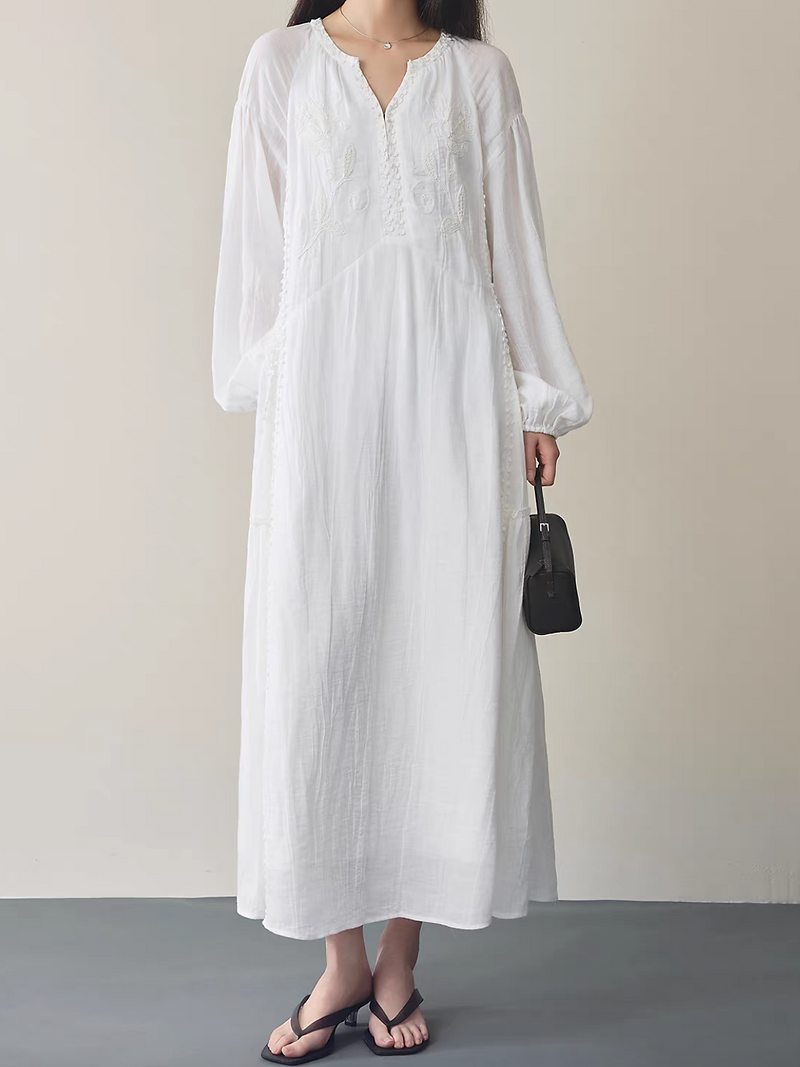 Lyocell linen embroidery floral white lined puff sleeves midi dress 8