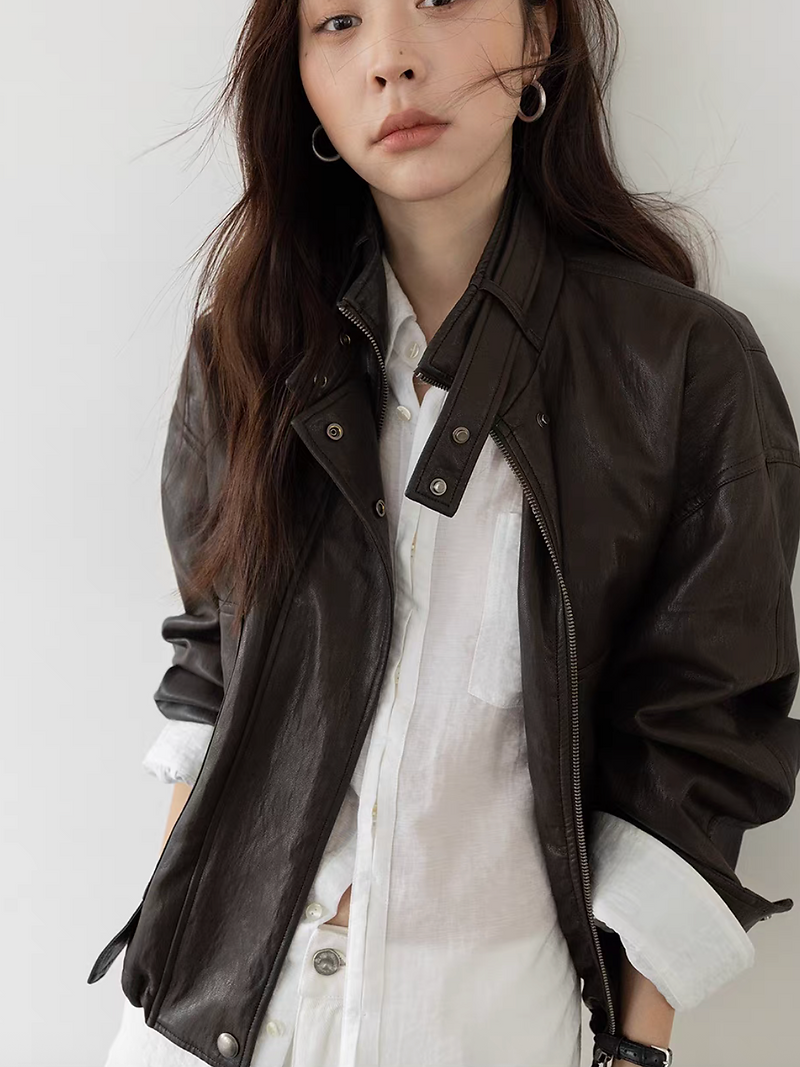 Synthtic leather biker zipper jacket 3