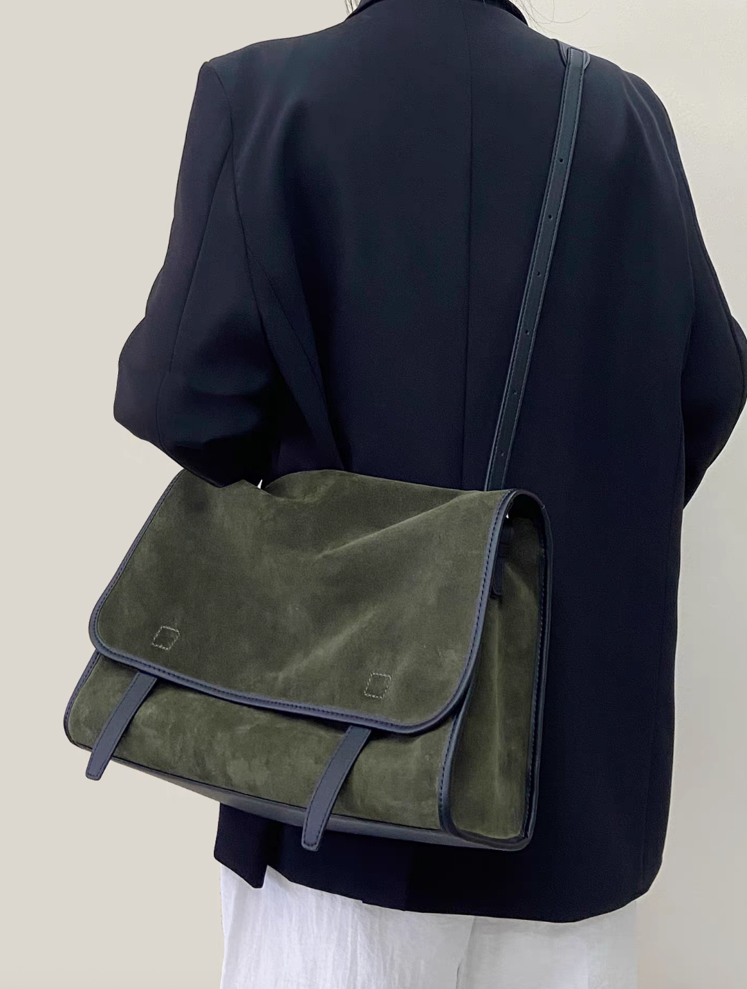 Suede calf leather single flap crossbody + shoulder bag