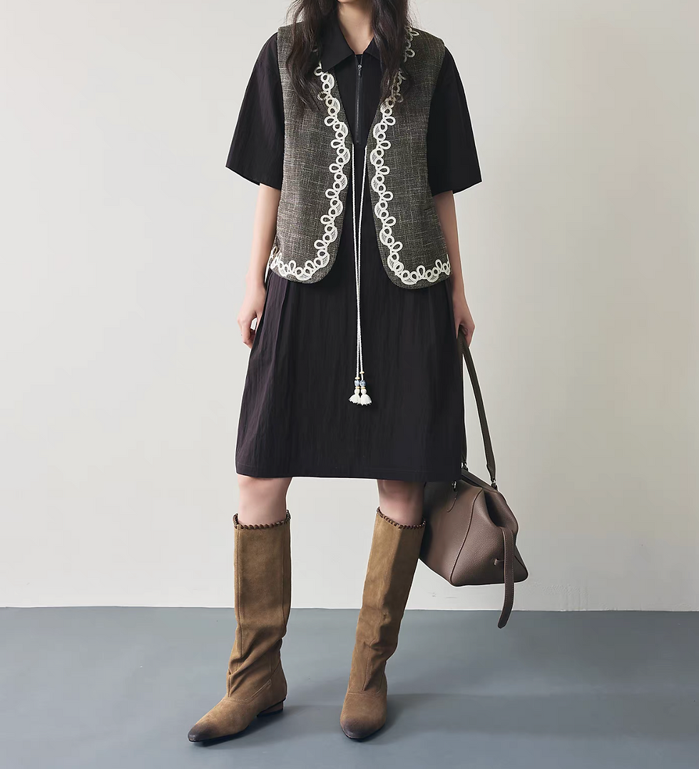 Thumbnail: V neck embroidered trim tassels mocha pure cotton checker vest