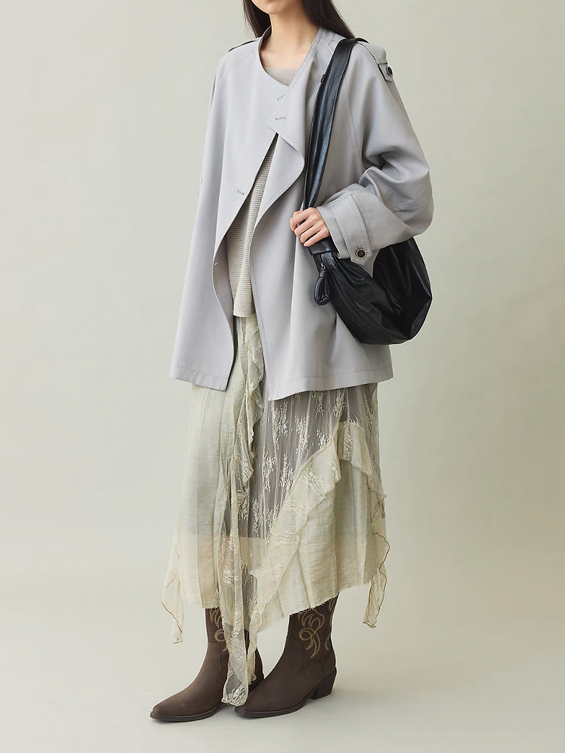 Sora beige 10% wool polu rayon asymmetric overlapping collar jacket 3