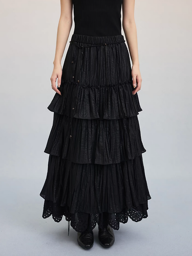Asymmetric ruffled laced trim side drastring elasticated cotton tencel skirt 2