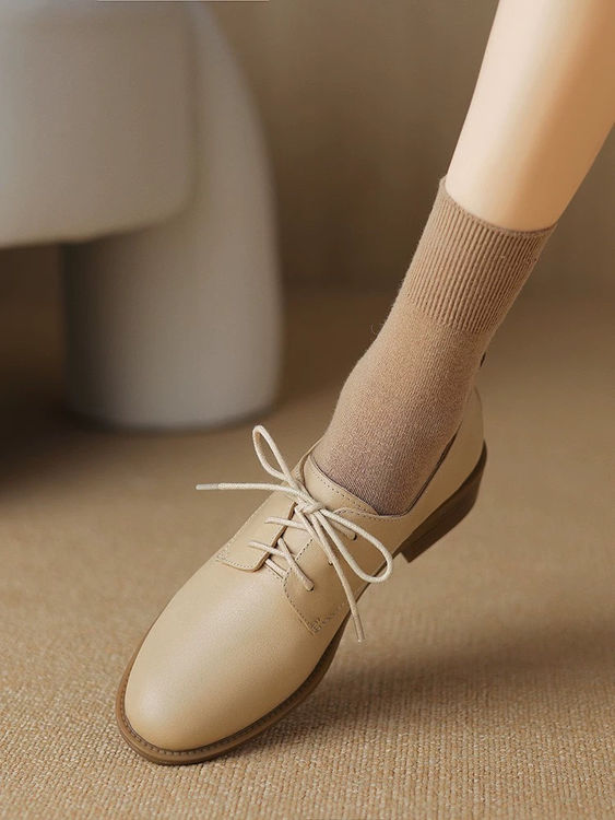 Calf leather wood heel lacing shoes 6
