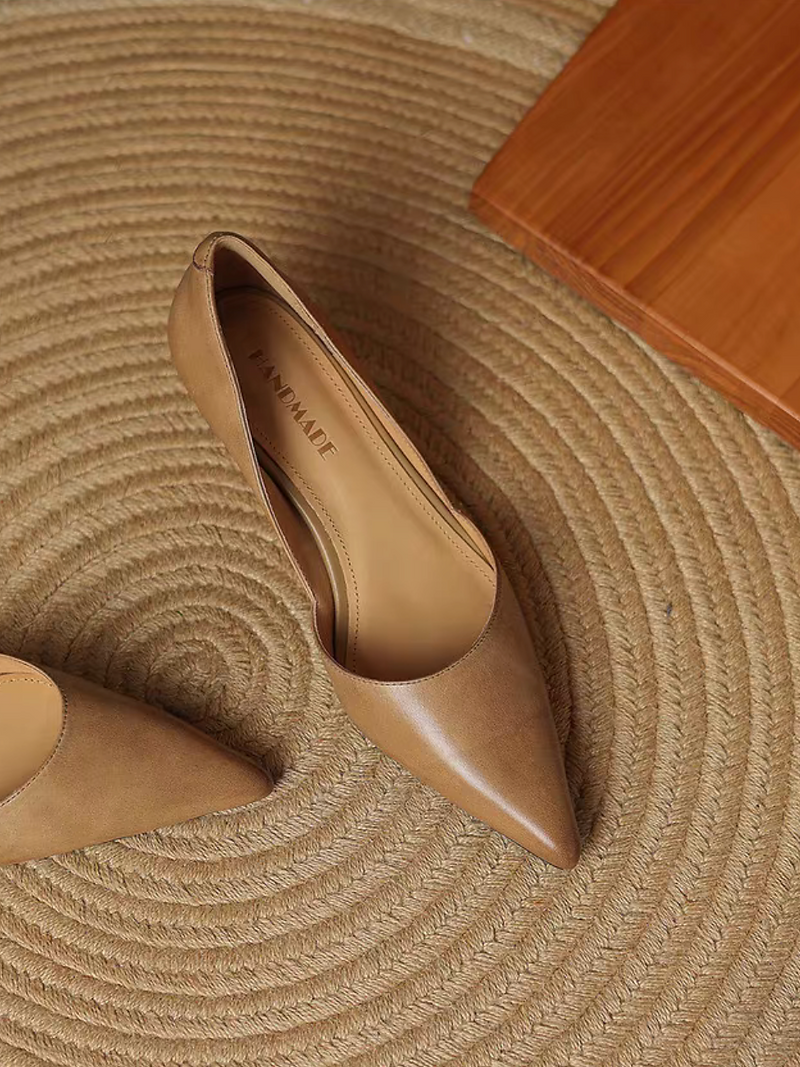 Pointy curved cut calf leather low heels 15