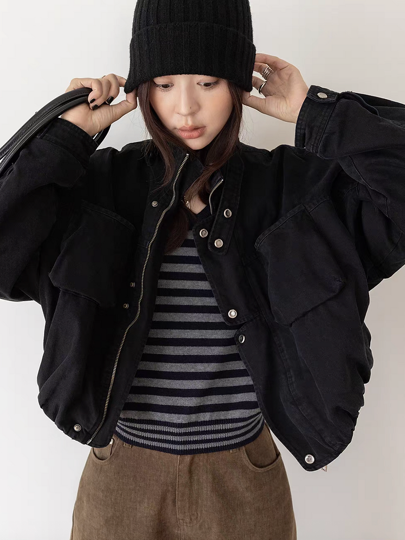 Denim cotton zipper black pilot jacket 2