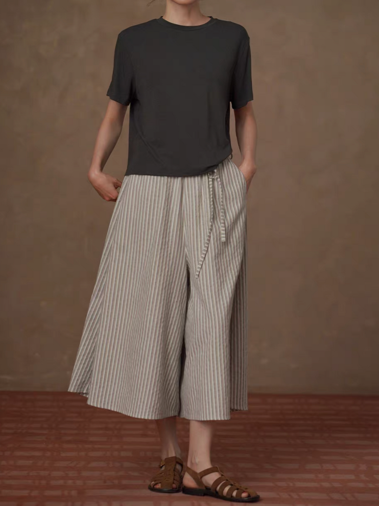Elasticated drawstring embossed linen cotton flare pants 5