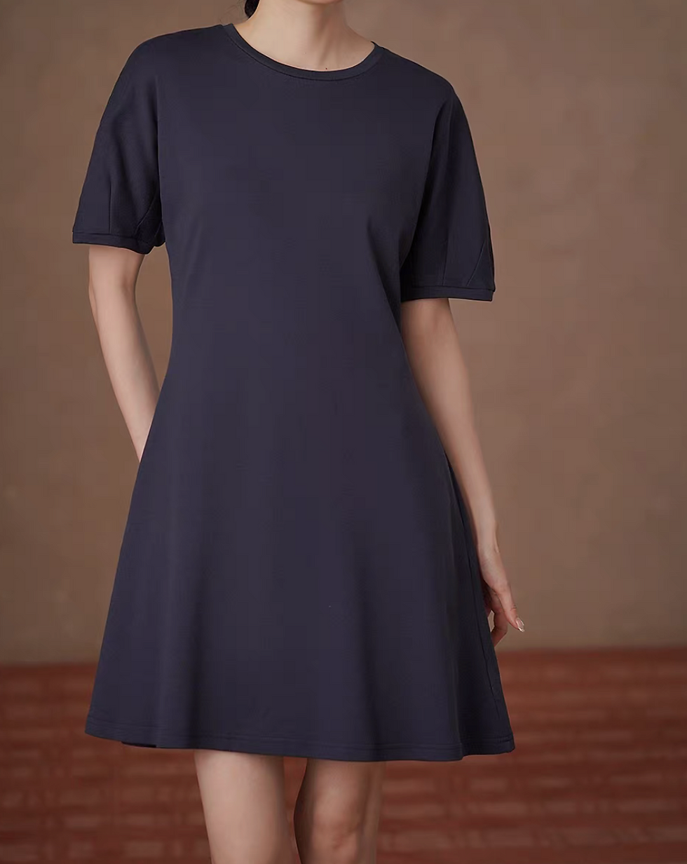 Thumbnail: Navy crewneck side pockets cotton poly midi dress