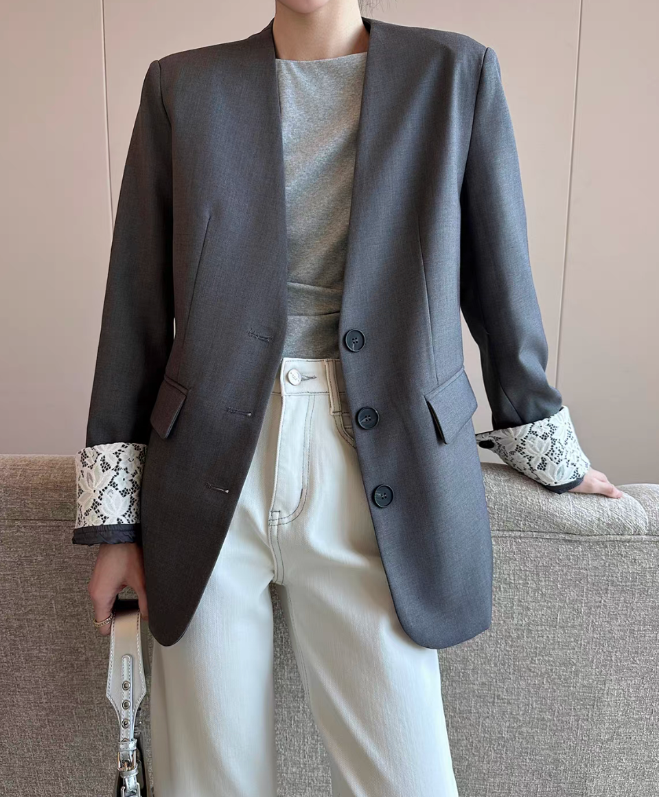 Thumbnail: Inner ivory laced lined layer heather grey cotton rayon jacket