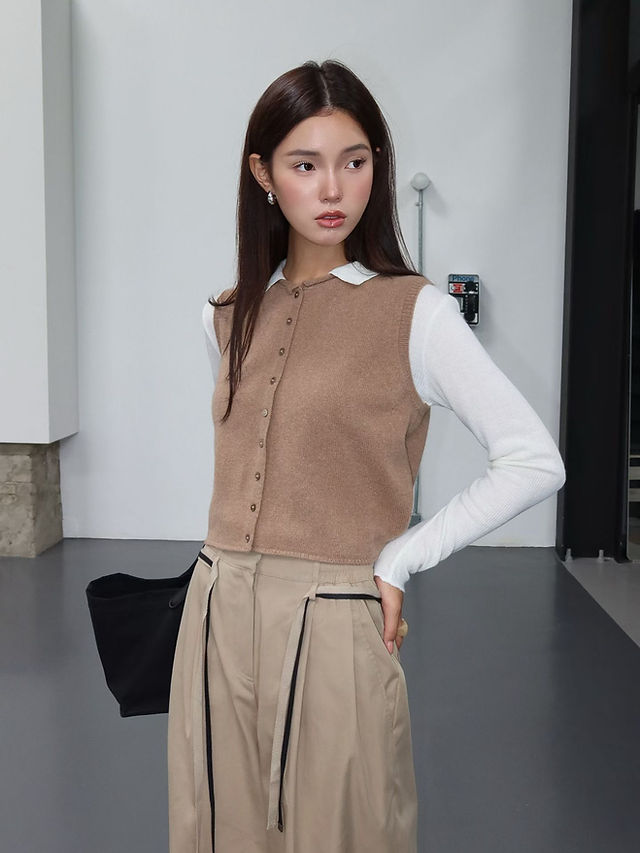 Rolled trim shell buttoned super fine wool knitted vest  7