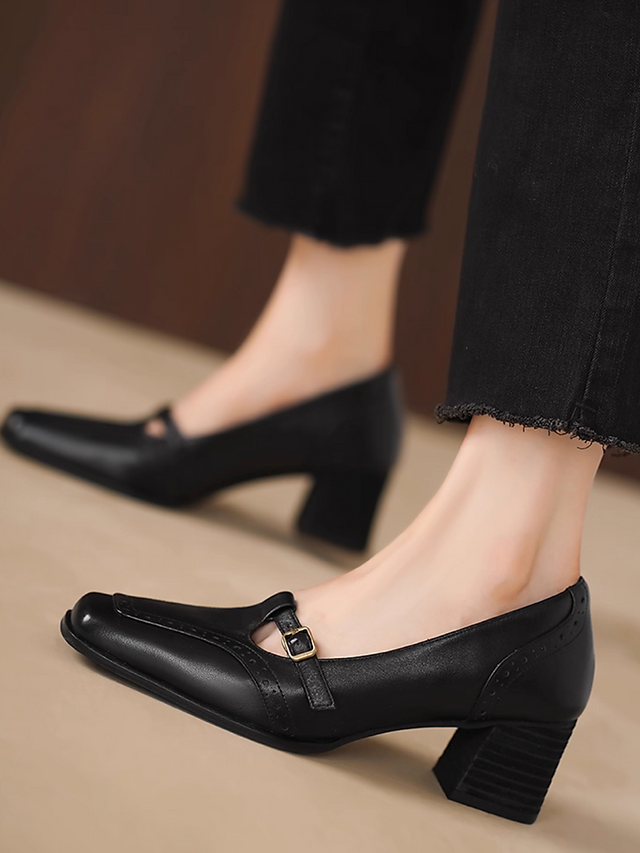 Brogue T strap calf leather chunky wood heel Mary Janes 9