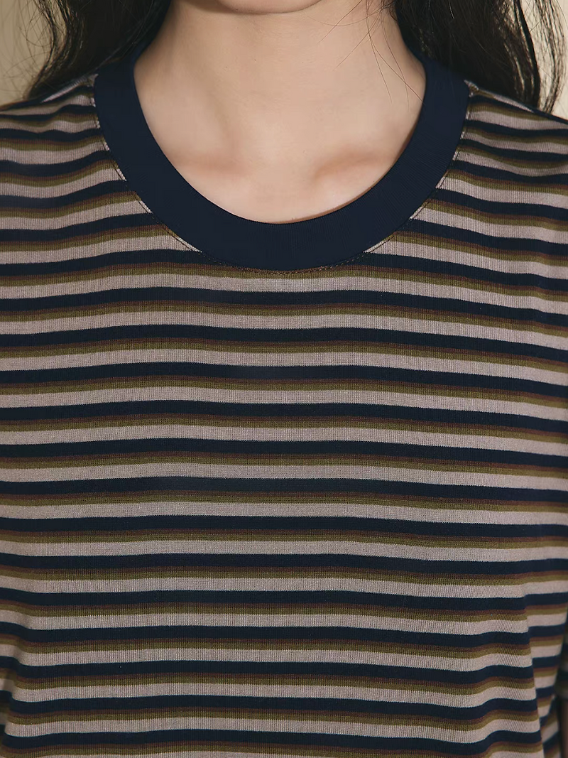 Navy mocha striped crewneck wool rayon poly tee 4