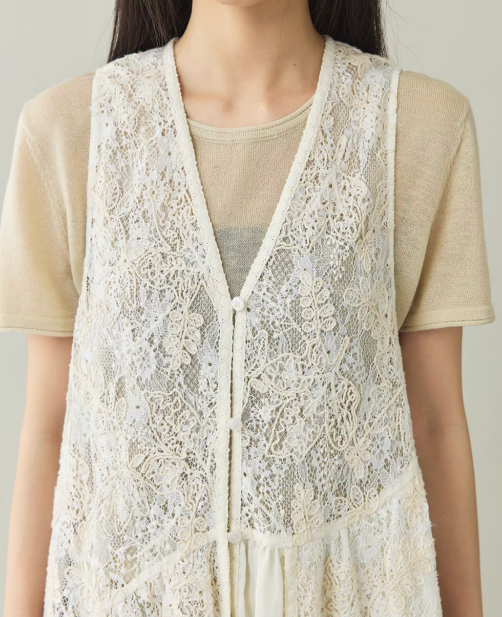 Thumbnail: Ivory asymmetric cotton lace crochet buttoned matching one piece