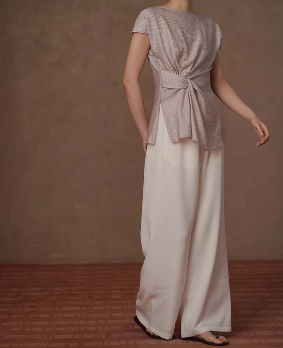 Thumbnail: Morandi pink poly rayon embossed side twist knot mid length blouse