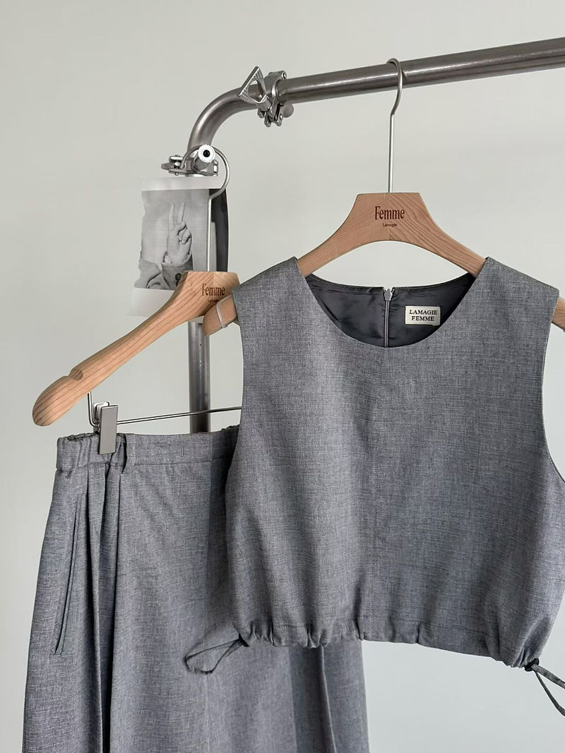 Side drawstring cotton rayon spandex cropped back zipper vest 5