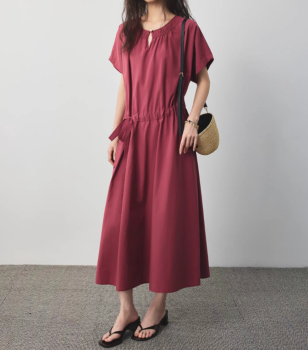 Thumbnail: Raspberry rosy side drawstring detailed buttoned pure cotton midi dress
