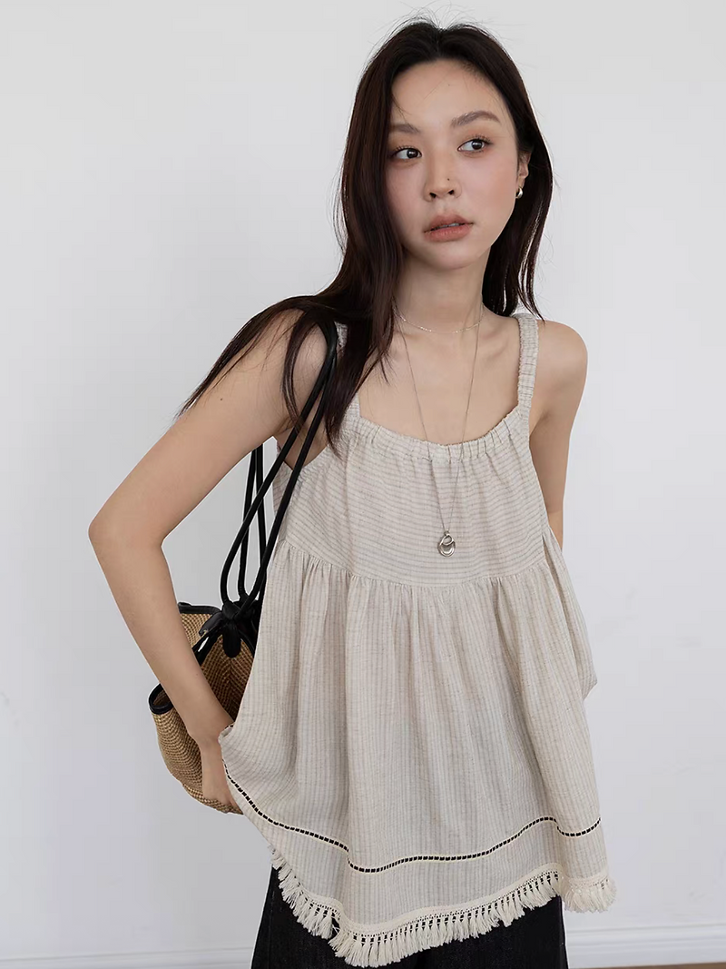 Elasticated straps tassels trim linen tencel flare checker camisole 5