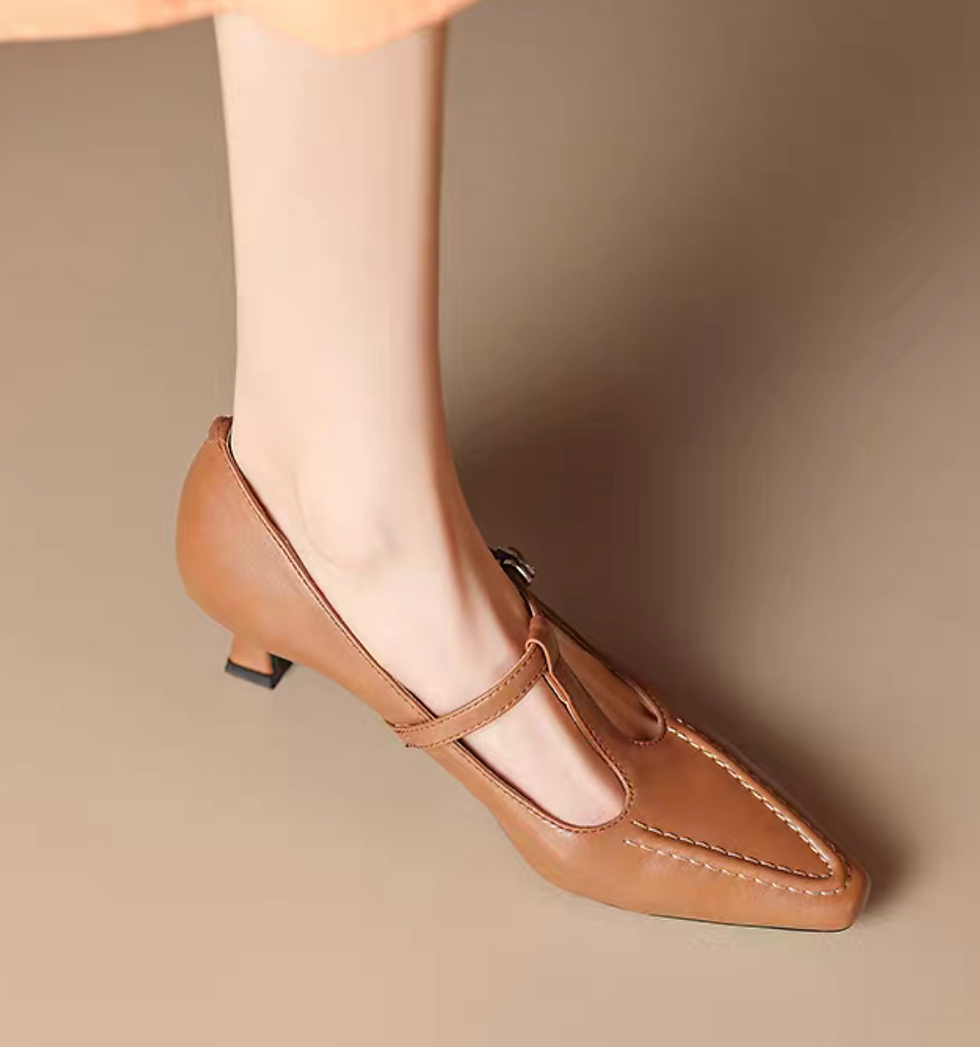 Thumbnail: Calf leather T strap pointy stilettos