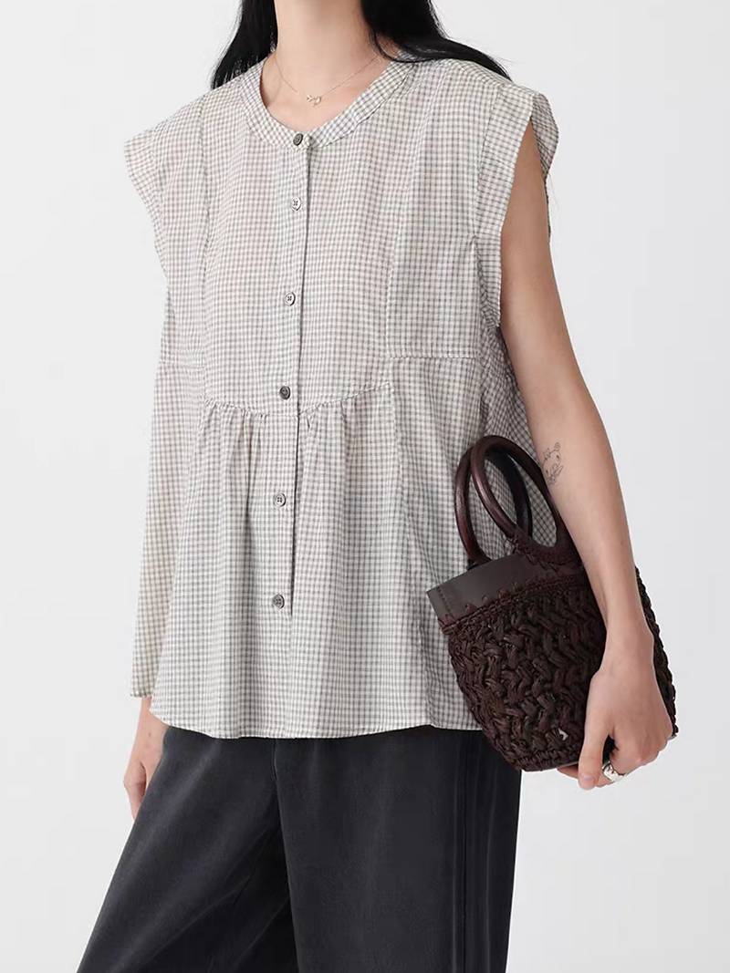 Grey checker cotton shell buttoned flare peplum blouse 4