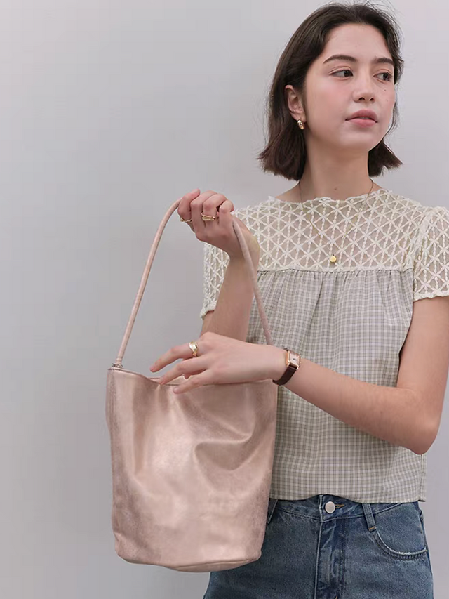 Crochet lace checker cotton ivory beige blouse 4