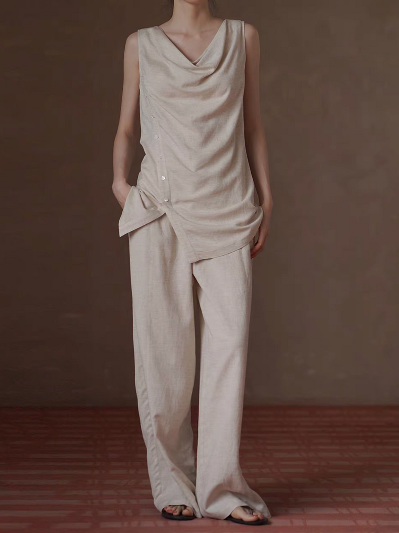 Asymmetric drape collar linen buttoned vest + pants set 4