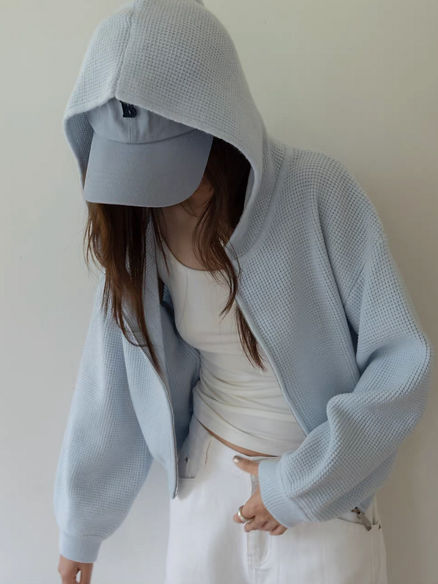 16% Wool rayon poly waffle hoodie double ended zipper cardigan 6
