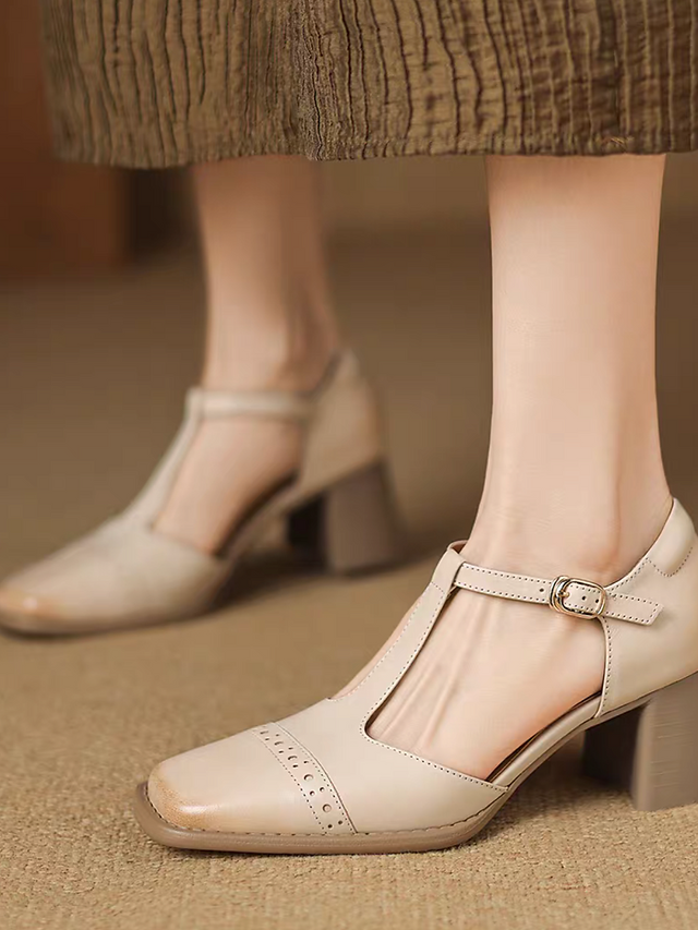 Lambskin square toe brogue chunky heel T strap Mary Janes 7