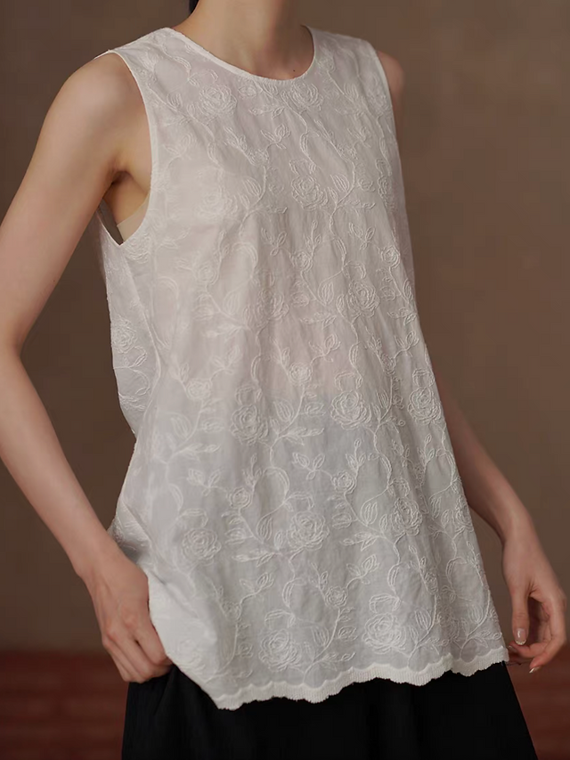 Back twist floral embroidered crewneck pure cotton vest 5