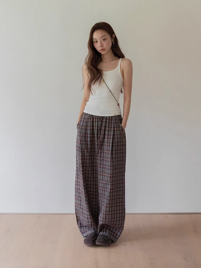 Elasticated checker cotton straight pants 6