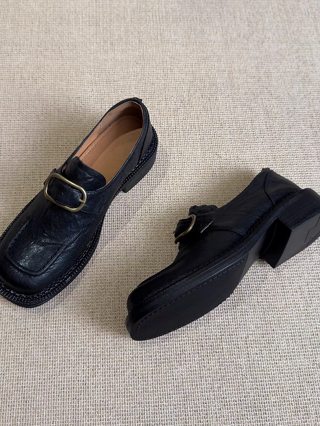 Ruffled calf leather square toe buckle strap loafers 3