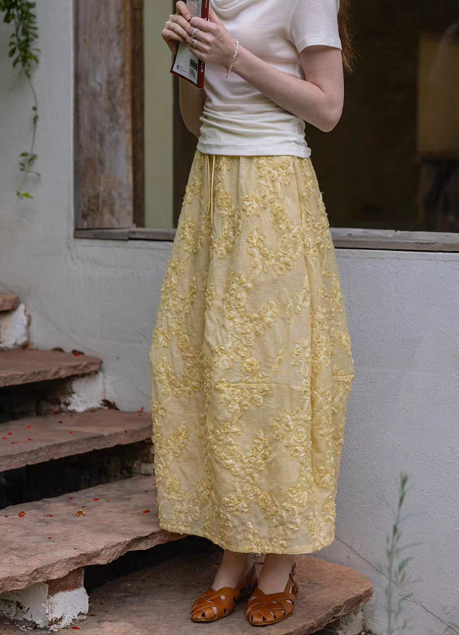 Thumbnail: Embossed floral mustard yellow drawstring elasticated tencel linen skirt