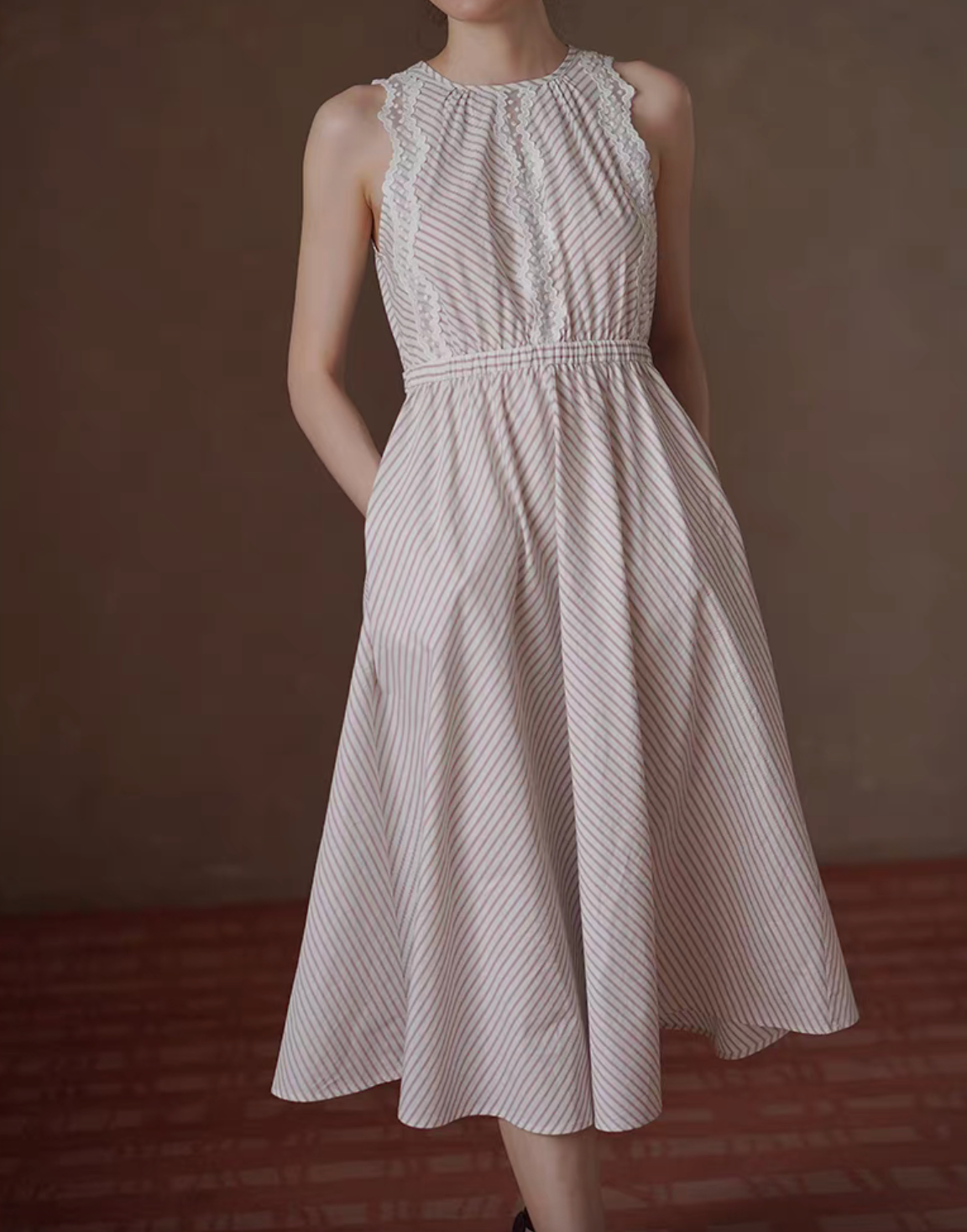 Laced wavy trim striped embossed beige ivory halter sleeveless dress