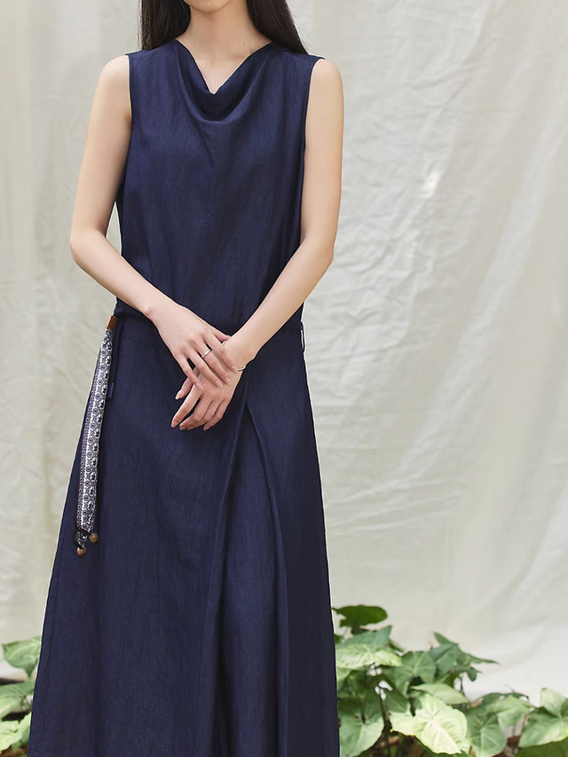 Navy drape collar embroidered belted sleeveless dress 7