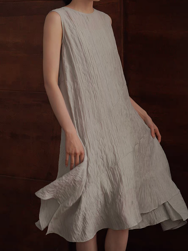 Asymmetric grey embossed poly rayon sleeveless dress 1