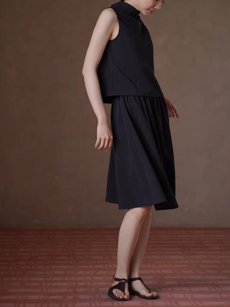 Black standing foldedcollar poly rayon vest + elasticated skirt 2 pieces set 8