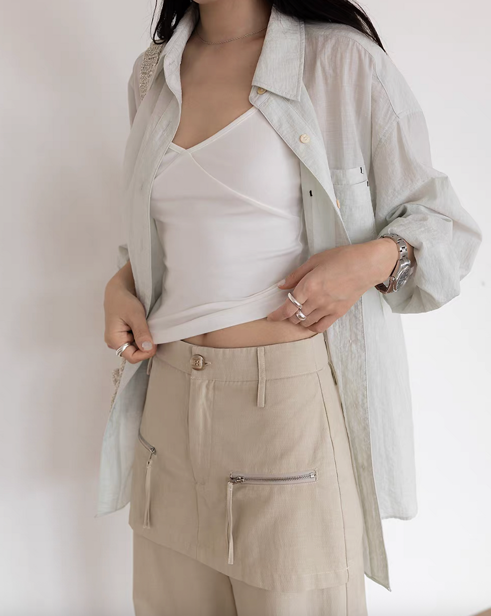 Thumbnail: Layered zipper high waisted cotton skirt pants
