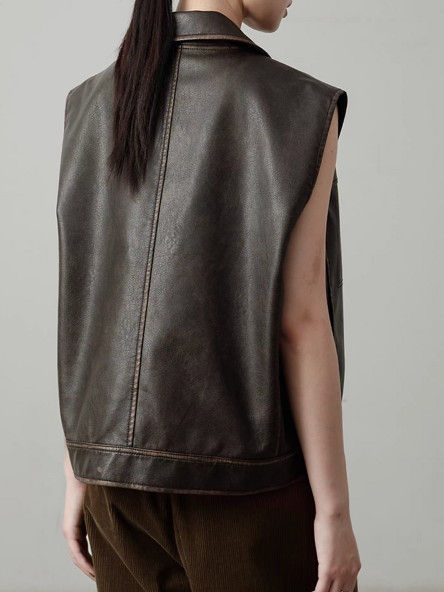 Dark brown synthetic leather buttoned polo vest 7