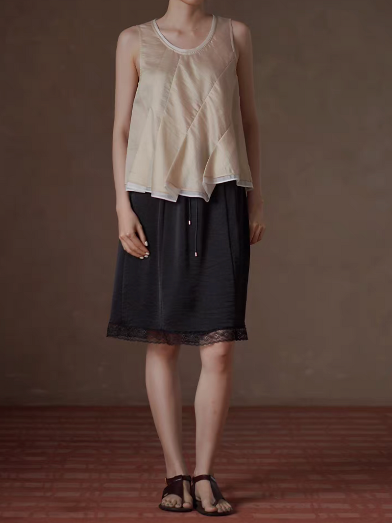 U neck ivory trim bicolor tencel asymmetric champaign pleated vest 7