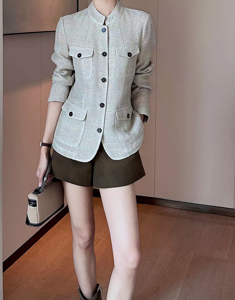 Thumbnail: Beige cotton lyocell tweed mid length side pocket jacket