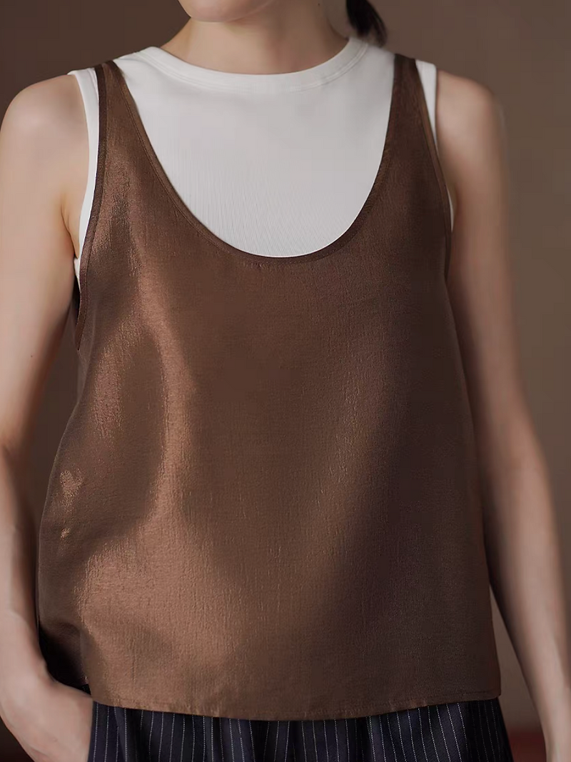 Crewneck cotton white vest +Cinnamon color poly rayon silky camisole set 1