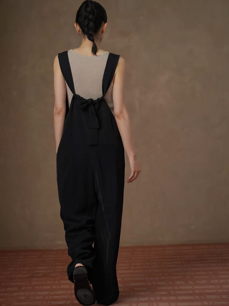 Back knot dark navy poly rayon front V romper 1