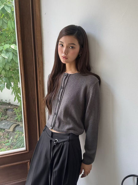 Cotton nylon acrylic knitted crewneck cardigan 
